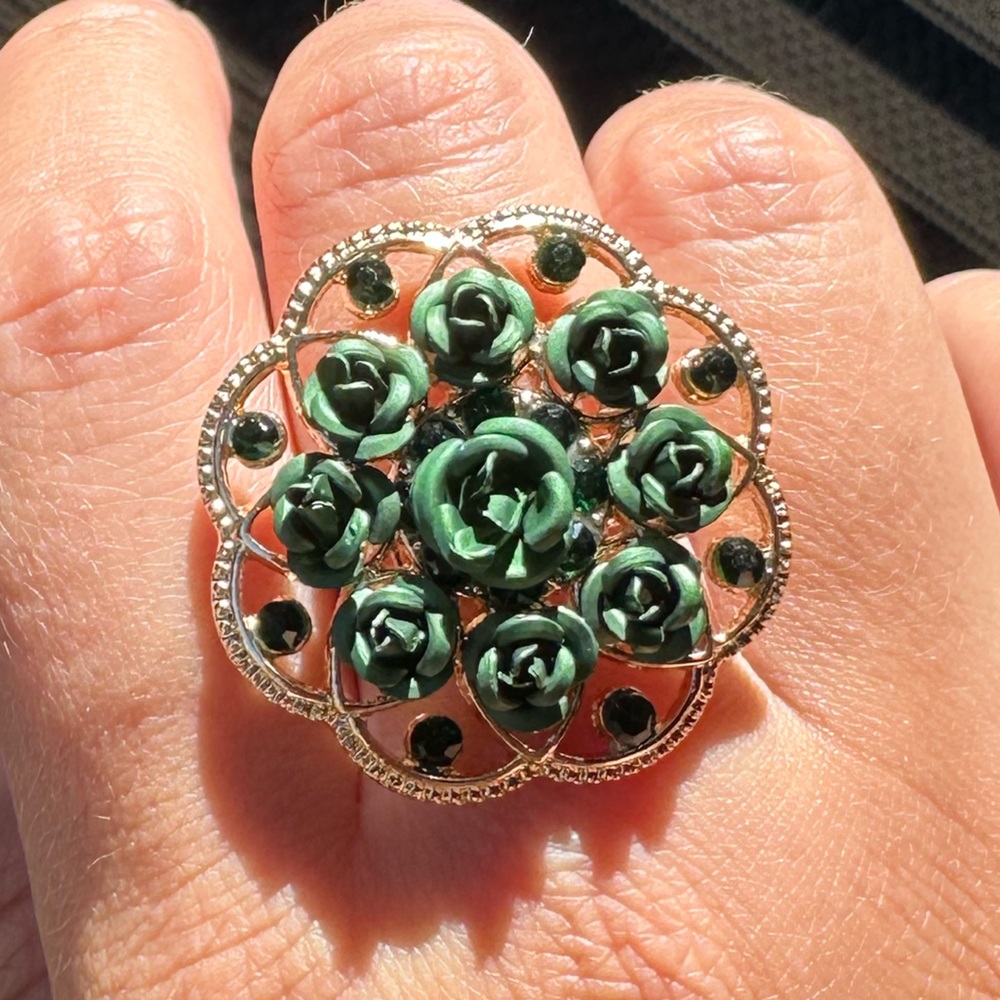 Gold 14k plated Hollow Green Emerald Flower Ring